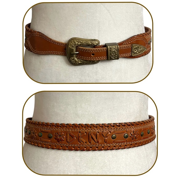 Vintage DKNY Western Leather Belt Whipstitch Boho Y2K Floral  display picture 2
